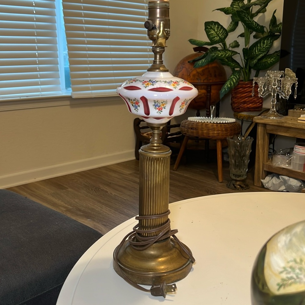 Moser Glass Czech Bohemian Cut Glass Lamp White To Cranberry Painted Floral